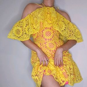 ASOS Premium Yellow Lace Off Shoulder Dress